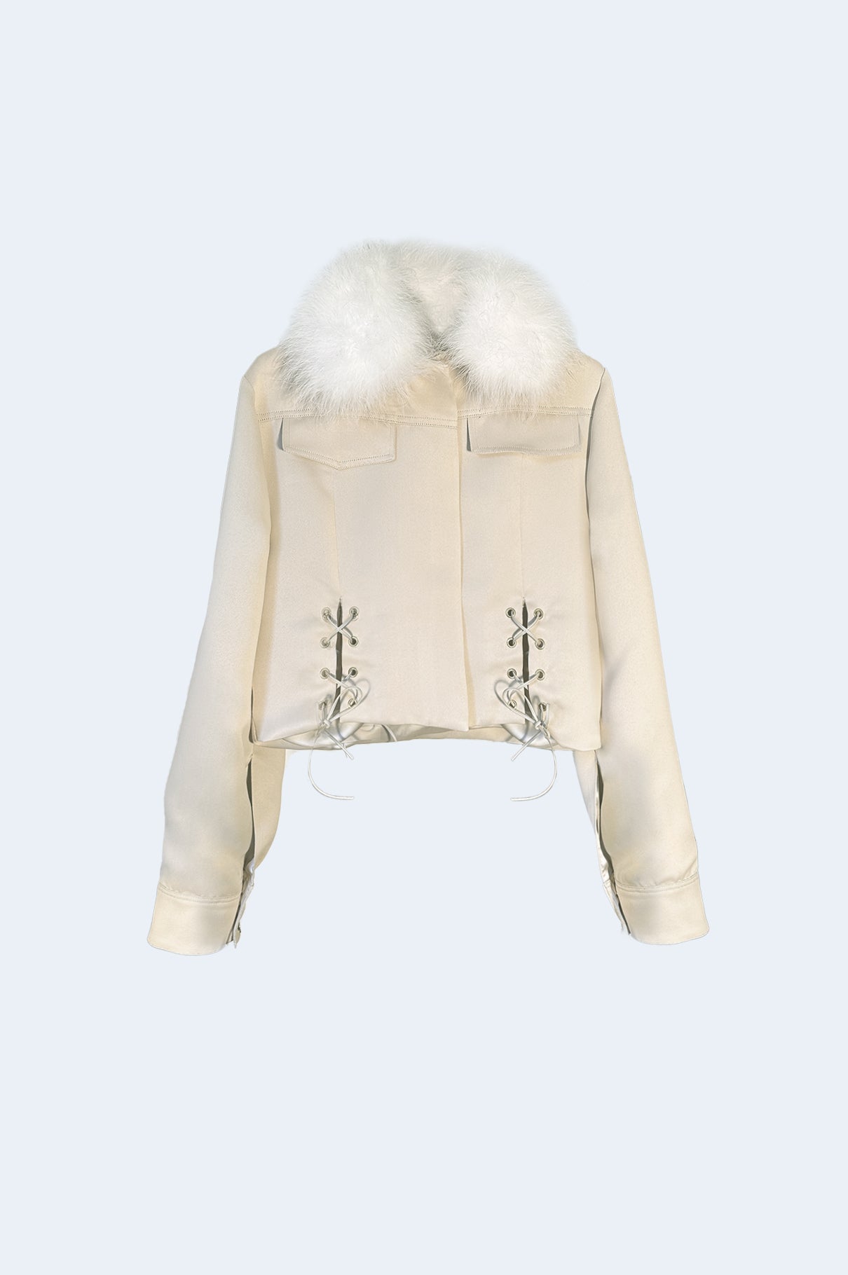 Beige Semi-Satin Jacket with Feather Collar / PREORDER