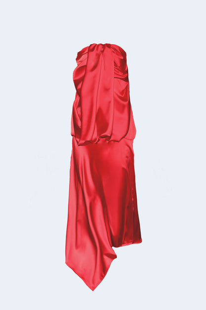 Red Satin Long Asymmetrical Dress