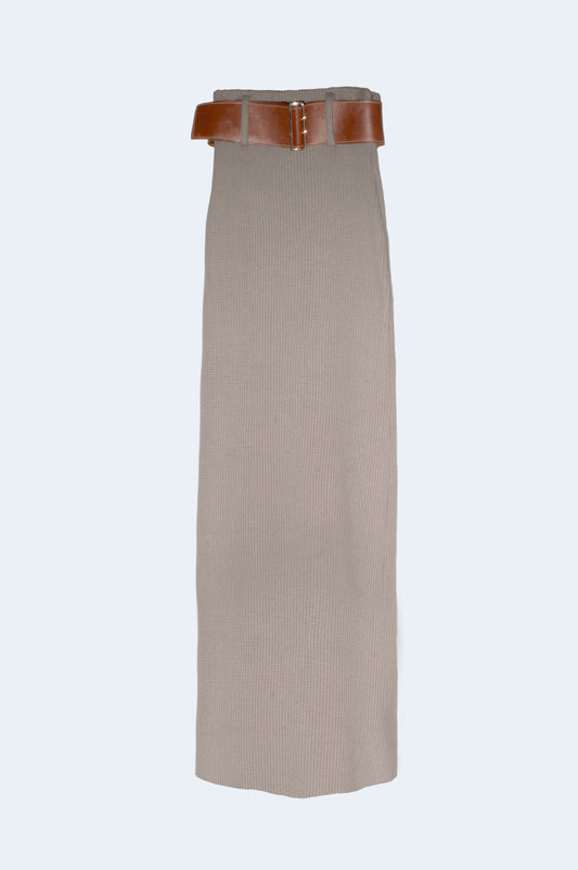 Grey Knit Long Dress With Leather Belt